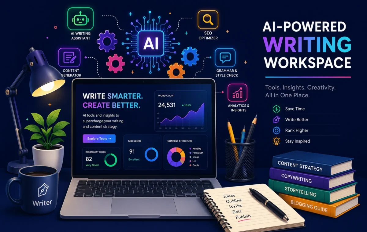 Ilustrasi workspace digital dengan laptop menampilkan tools AI untuk meningkatkan produktivitas jurnalis dan penulis.