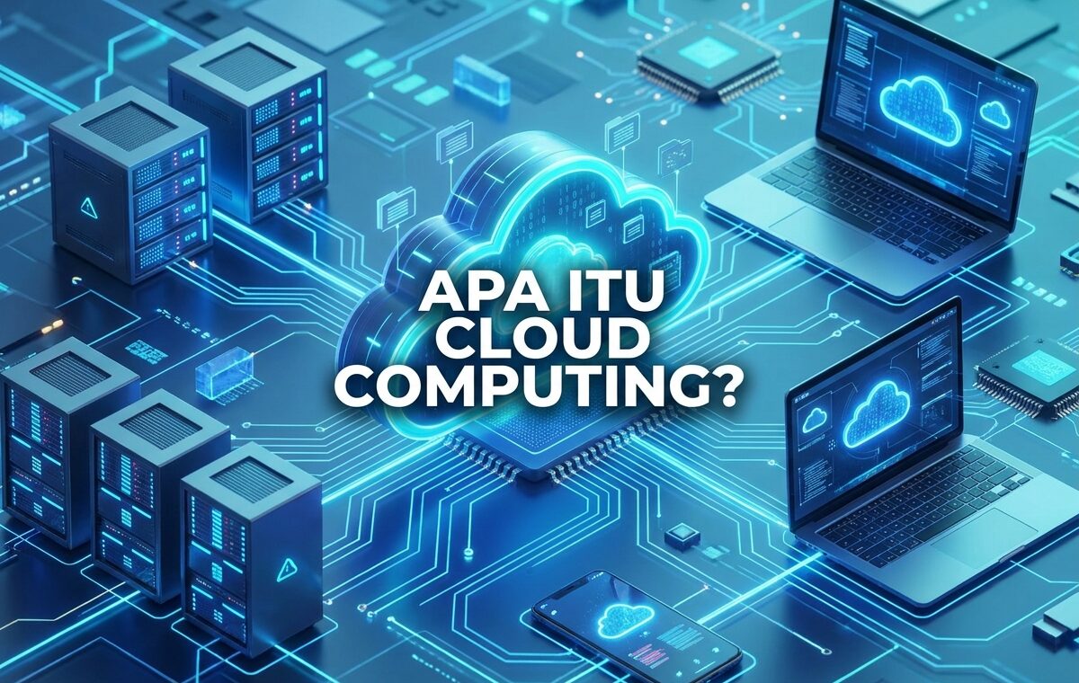 Ilustrasi cloud computing dengan server virtual, penyimpanan data cloud, dan jaringan digital modern.