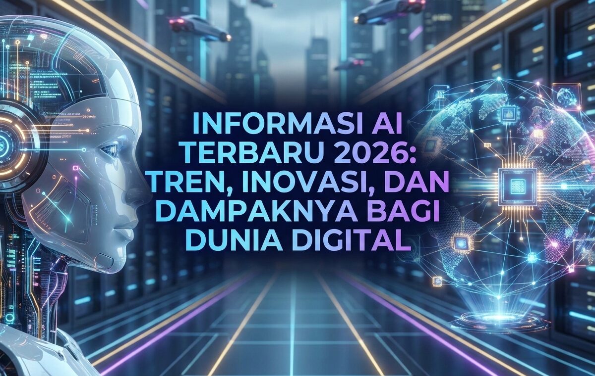 Ilustrasi kecerdasan buatan AI tahun 2026 dengan robot humanoid, jaringan digital global, pusat data modern, dan teknologi masa depan.